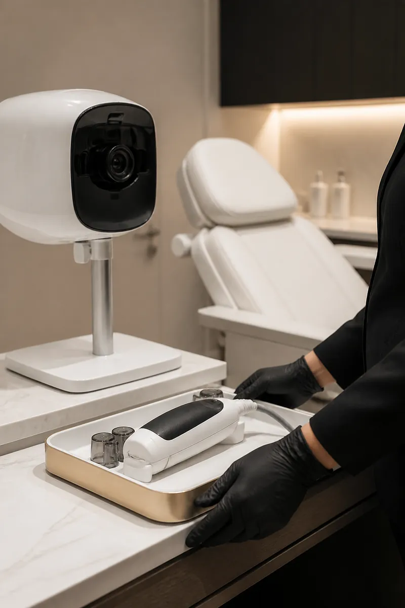 Gloved practitioner preparing unbranded medical-aesthetic equipment in a clinical treatment room