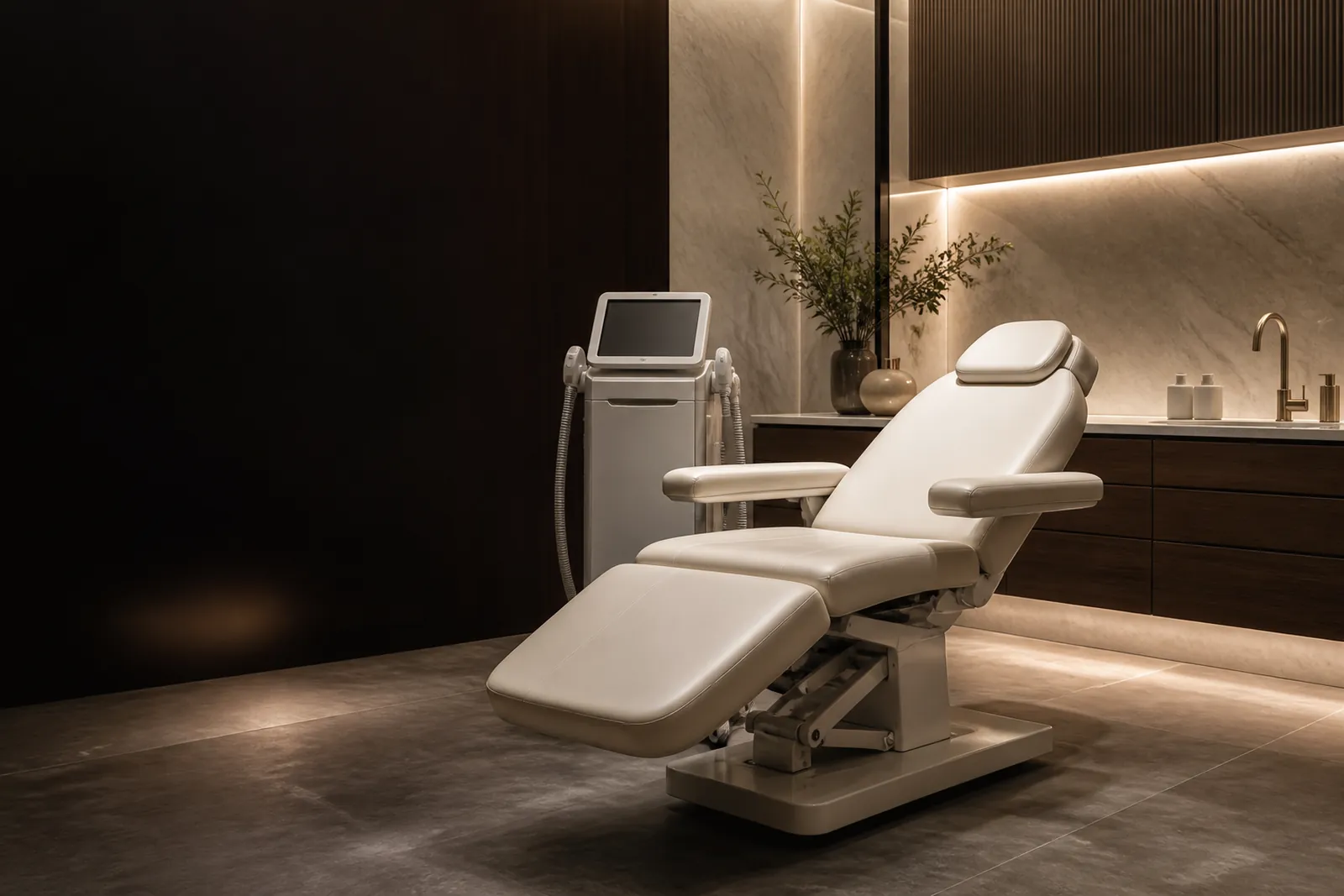 Contemporary medical aesthetics treatment suite with an adjustable treatment chair and device console