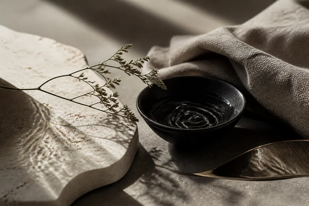 Ivory stone, black ceramic, linen, and botanical textures in soft light